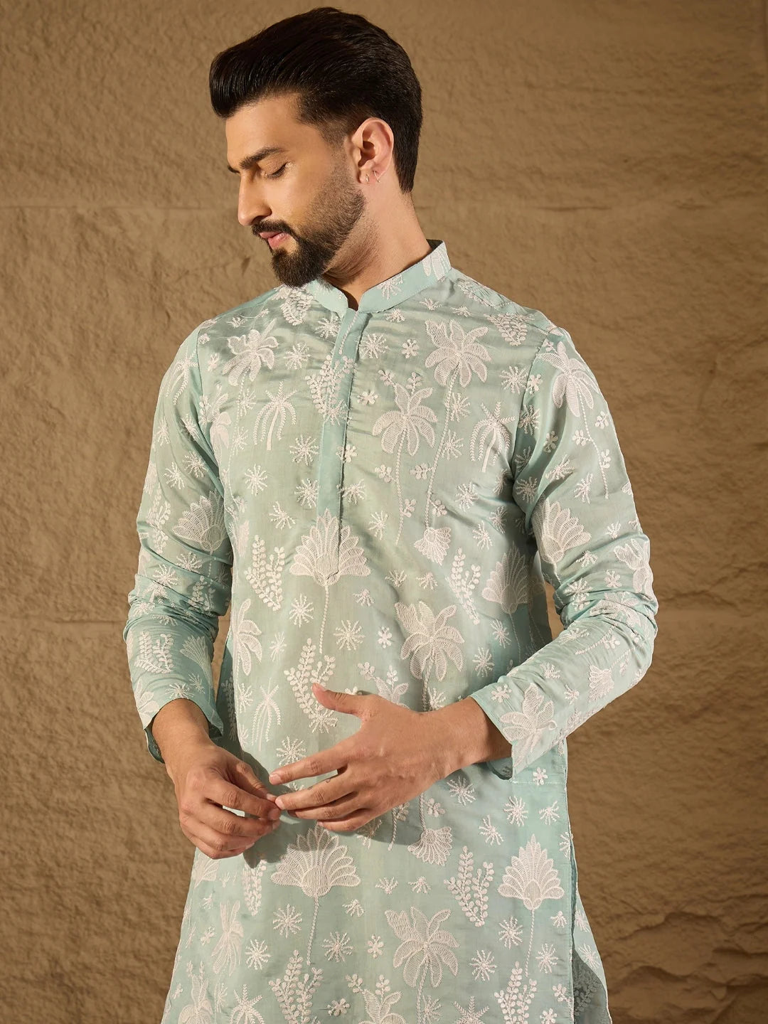 Ethnic Bay Men Blue Chanderi Silk Embroidered Straight Kurta-MKU1317