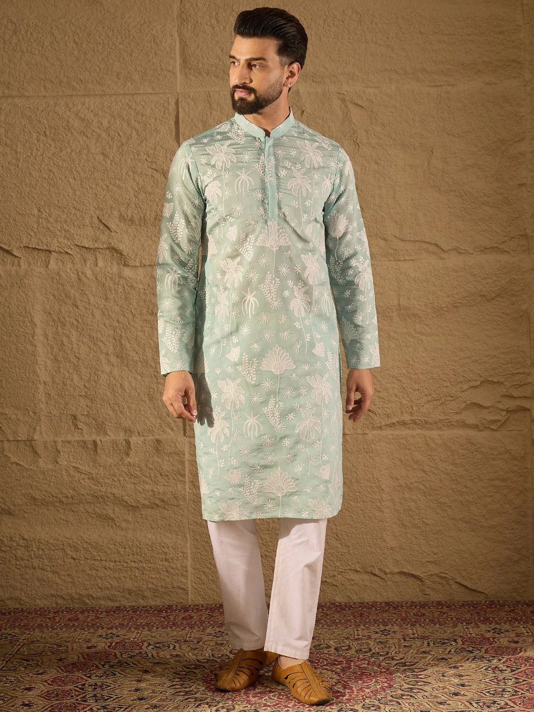 Ethnic Bay Men Blue Chanderi Silk Embroidered Straight Kurta-MKU1317