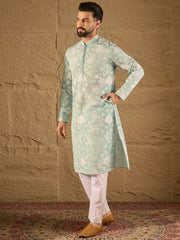 Ethnic Bay Men Blue Chanderi Silk Embroidered Straight Kurta-MKU1317