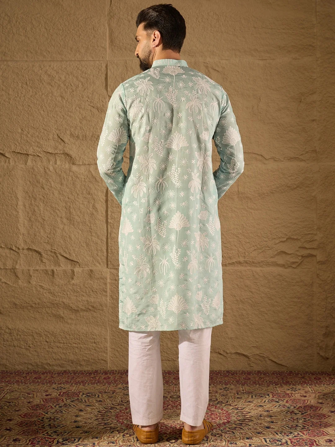 Ethnic Bay Men Blue Chanderi Silk Embroidered Straight Kurta-MKU1317