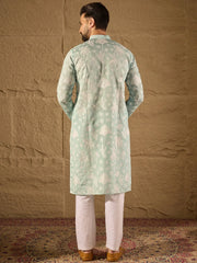 Ethnic Bay Men Blue Chanderi Silk Embroidered Straight Kurta-MKU1317