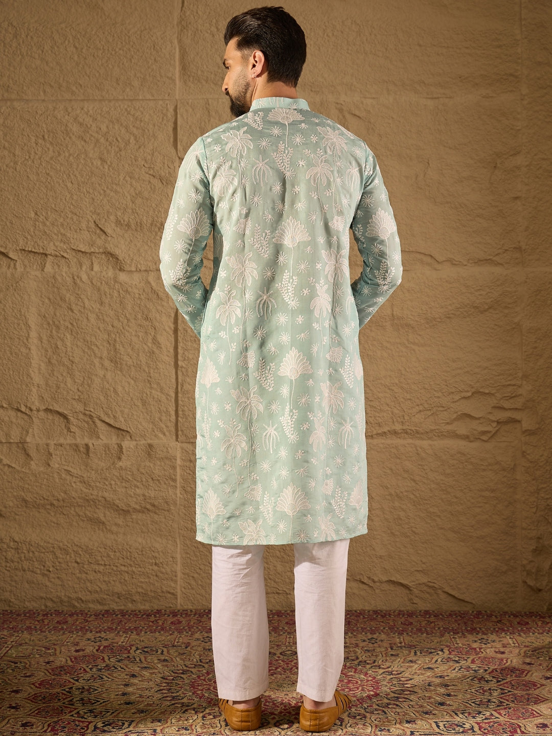 Ethnic Bay Men Blue Chanderi Silk Embroidered Straight Kurta-MKU1317