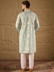 Ethnic Bay Men Blue Chanderi Silk Embroidered Straight Kurta-MKU1317