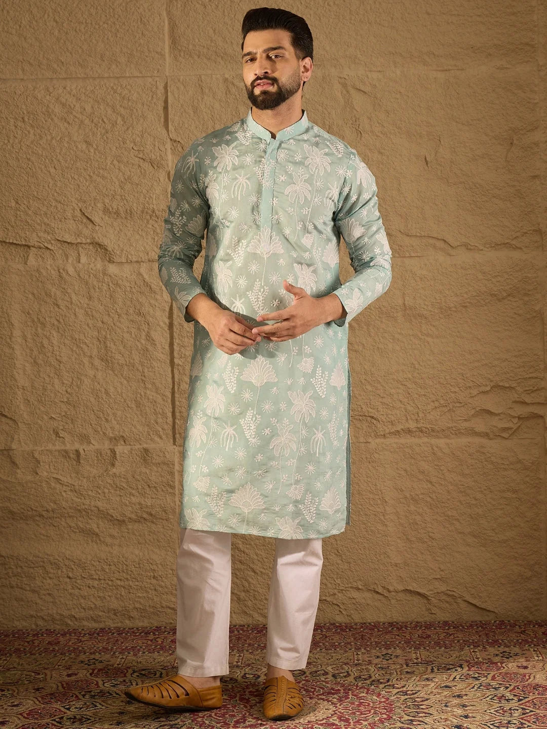 Ethnic Bay Men Blue Chanderi Silk Embroidered Straight Kurta-MKU1317