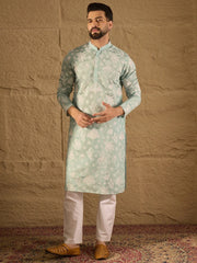 Ethnic Bay Men Blue Chanderi Silk Embroidered Straight Kurta-MKU1317
