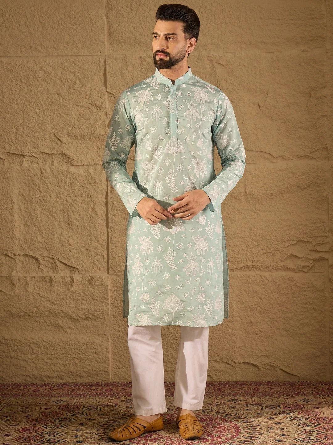 Ethnic Bay Men Blue Chanderi Silk Embroidered Straight Kurta-MKU1317