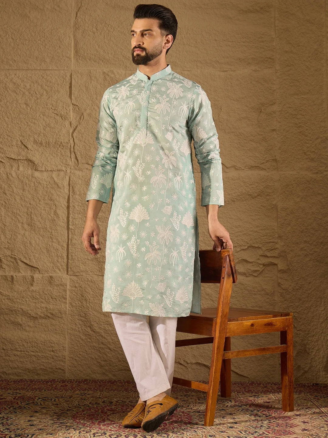Ethnic Bay Men Blue Chanderi Silk Embroidered Straight Kurta-MKU1317