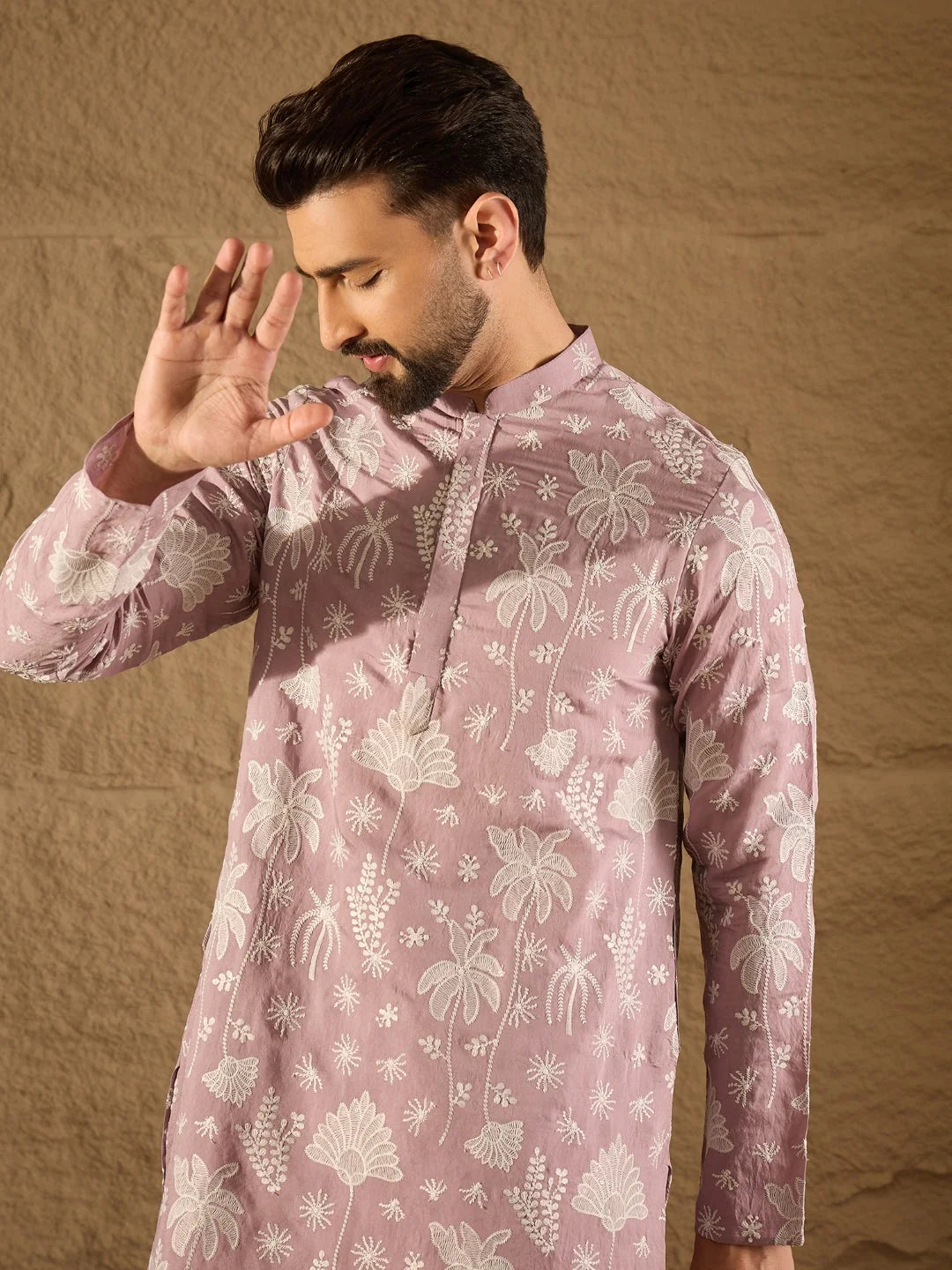 Ethnic Bay Men Lavender Chanderi Silk Embroidered Straight Kurta-MKU1318