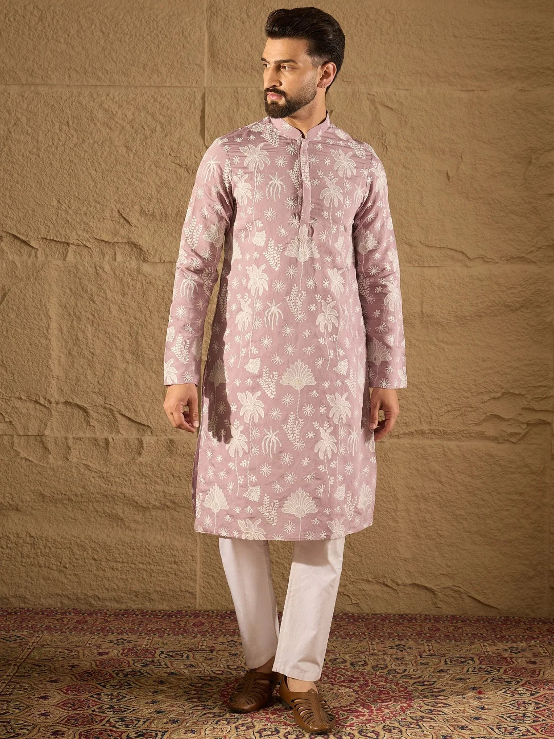 Ethnic Bay Men Lavender Chanderi Silk Embroidered Straight Kurta-MKU1318