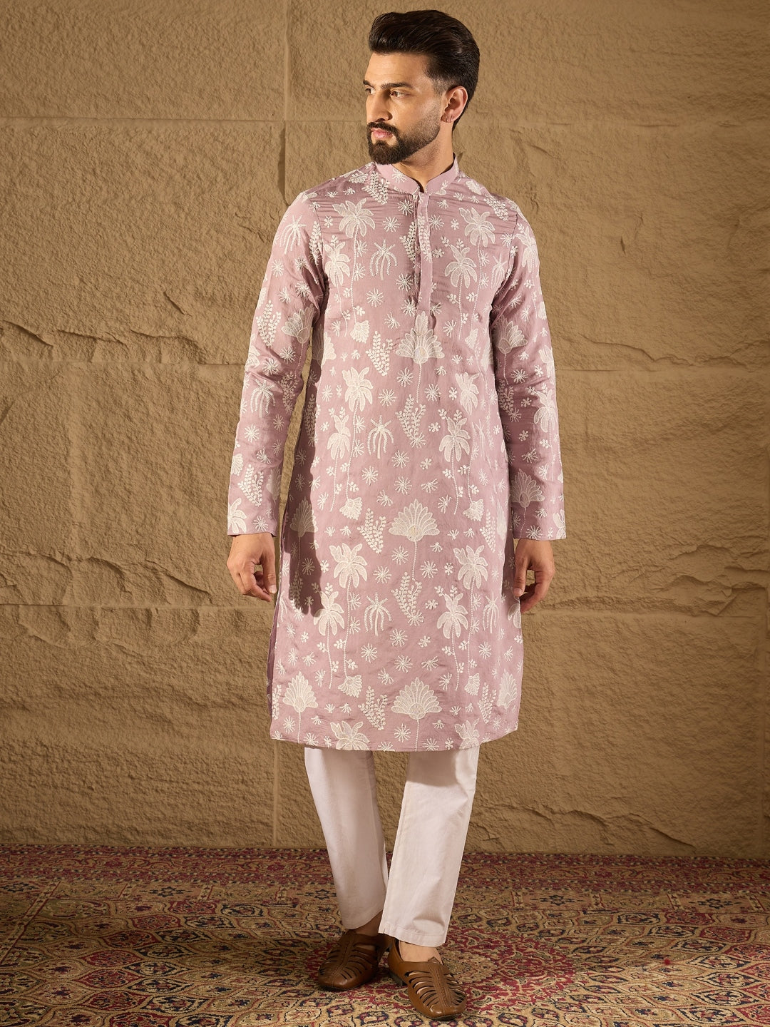 Ethnic Bay Men Lavender Chanderi Silk Embroidered Straight Kurta-MKU1318