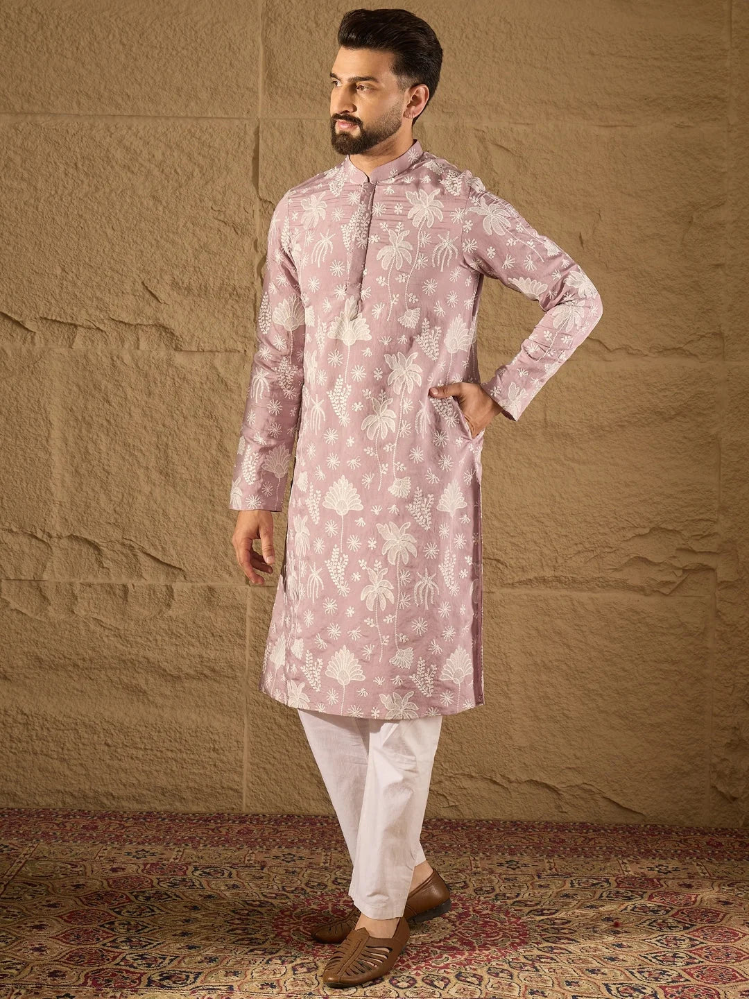 Ethnic Bay Men Lavender Chanderi Silk Embroidered Straight Kurta-MKU1318