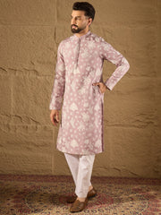 Ethnic Bay Men Lavender Chanderi Silk Embroidered Straight Kurta-MKU1318