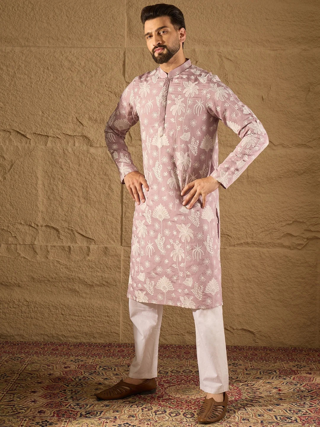 Ethnic Bay Men Lavender Chanderi Silk Embroidered Straight Kurta-MKU1318
