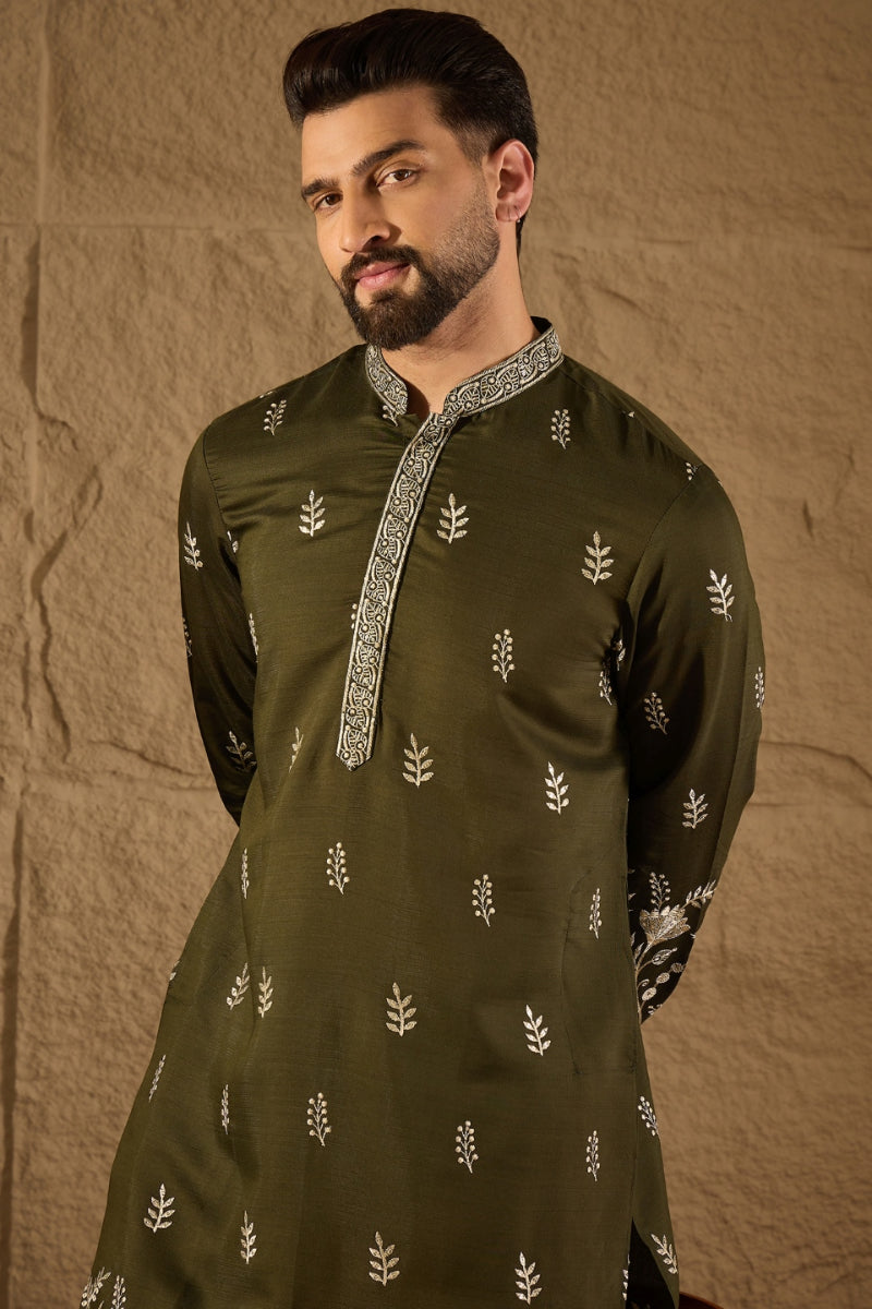 Olive Chanderi Silk Embroidered Straight Kurta HOPMKU1319 | DesiQlo