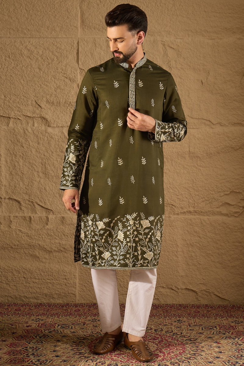 Olive Chanderi Silk Embroidered Straight Kurta HOPMKU1319 | DesiQlo