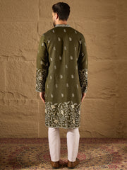 Ethnic Bay Men Olive Vertican Solid Embroidered Straight Kurta-MKU1319