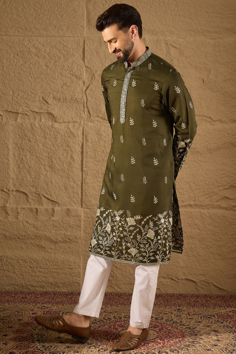 Olive Chanderi Silk Embroidered Straight Kurta HOPMKU1319 | DesiQlo