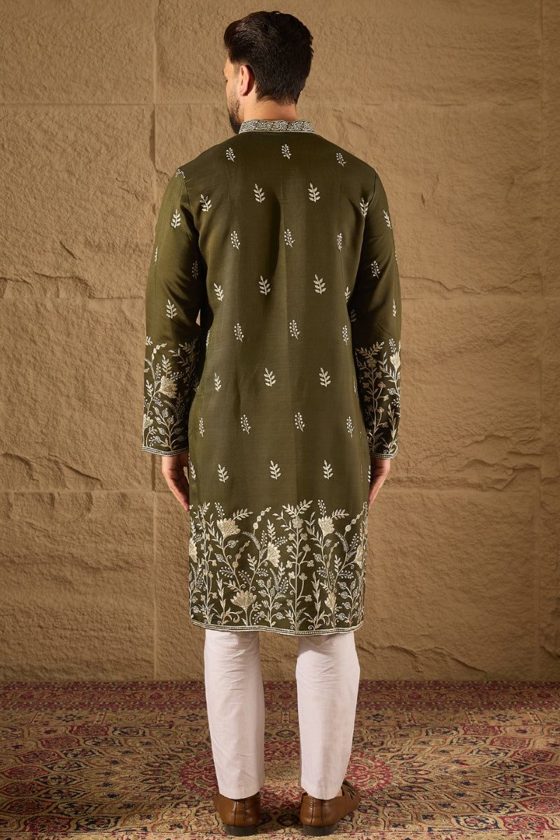 Olive Chanderi Silk Embroidered Straight Kurta HOPMKU1319 | DesiQlo