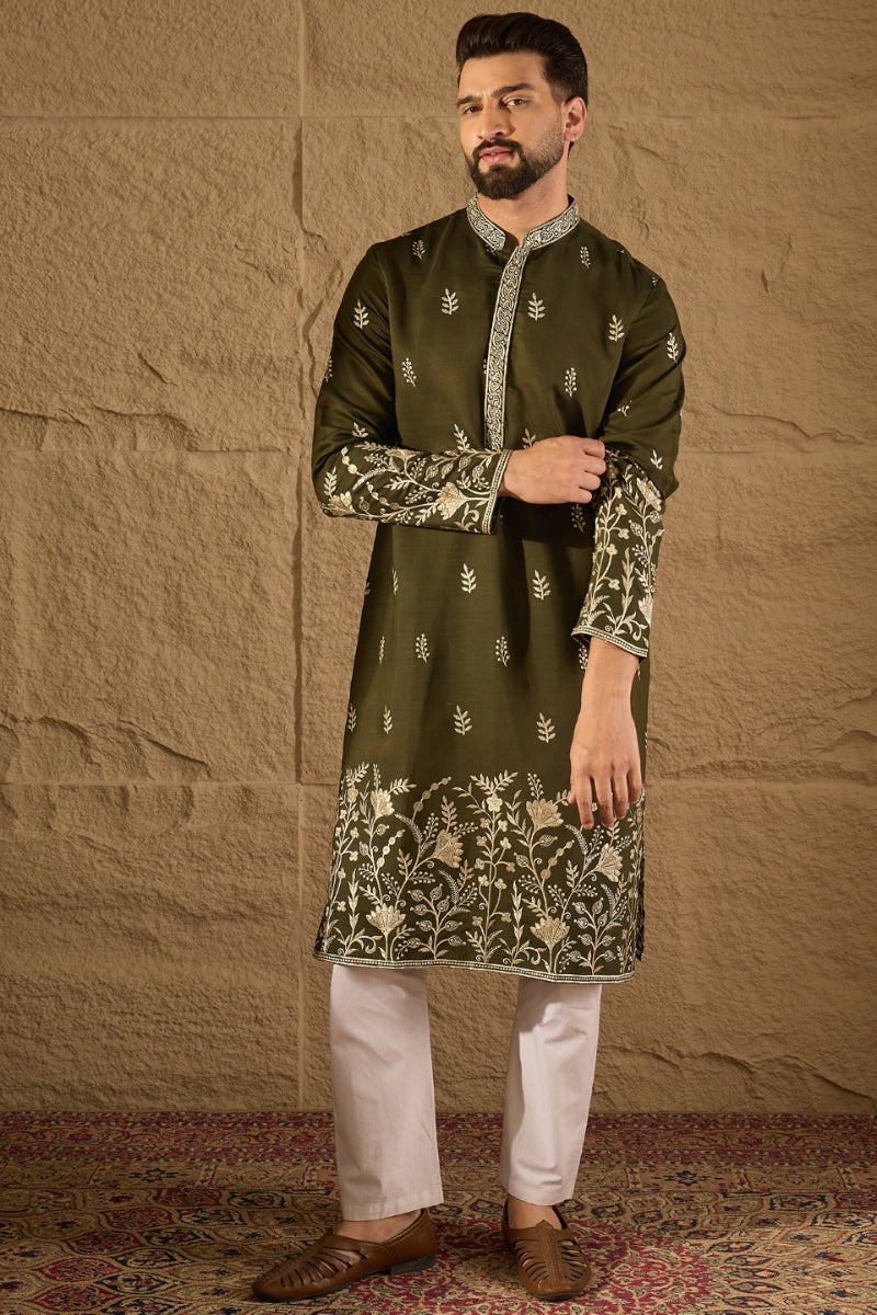 Olive Chanderi Silk Embroidered Straight Kurta HOPMKU1319 | DesiQlo