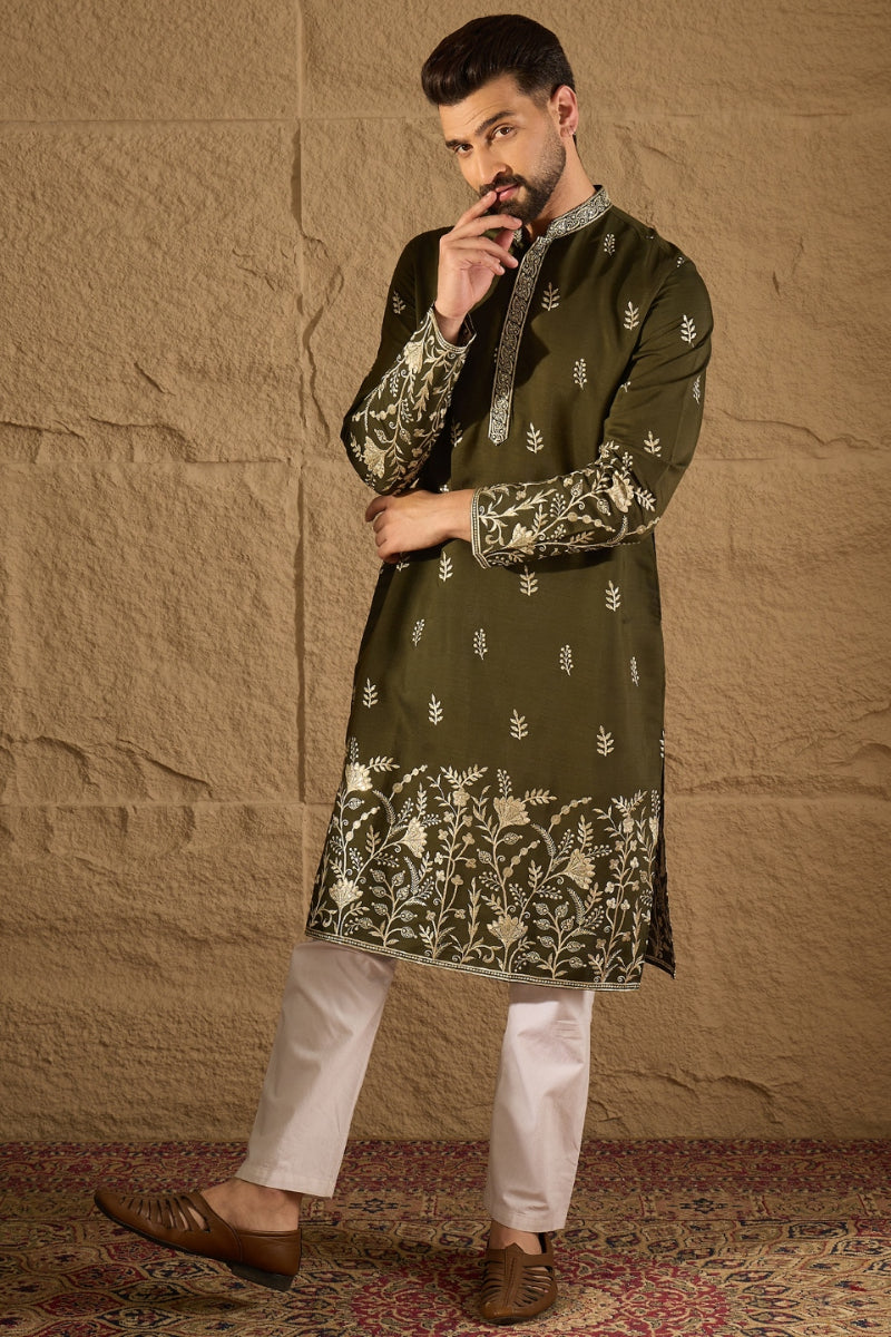 Olive Chanderi Silk Embroidered Straight Kurta HOPMKU1319 | DesiQlo