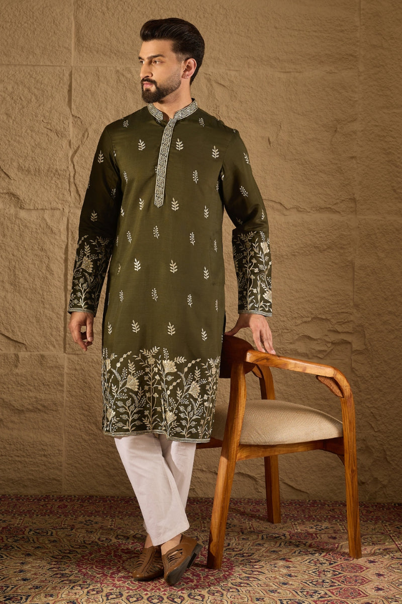 Olive Chanderi Silk Embroidered Straight Kurta HOPMKU1319 | DesiQlo