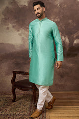 Turquoise Blue Silk Blend Solid Woven Design Straight Kurta MKU1323