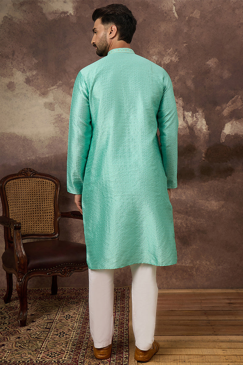Turquoise Blue Silk Blend Solid Woven Design Straight Kurta MKU1323