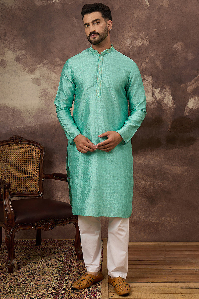 Turquoise Blue Silk Blend Solid Woven Design Straight Kurta MKU1323