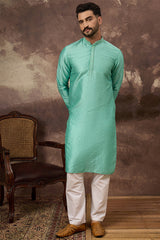 Turquoise Blue Silk Blend Solid Woven Design Straight Kurta MKU1323