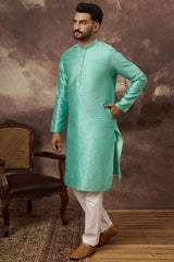 Turquoise Blue Silk Blend Solid Woven Design Straight Kurta MKU1323