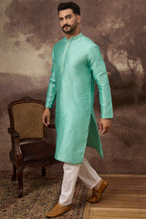 Turquoise Blue Silk Blend Solid Woven Design Straight Kurta MKU1323