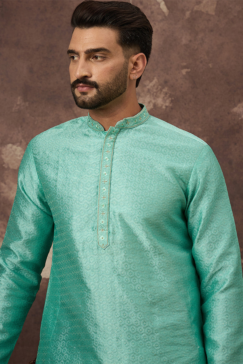 Turquoise Blue Silk Blend Solid Woven Design Straight Kurta MKU1323