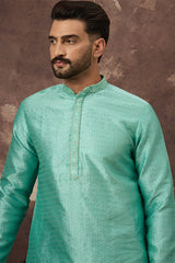 Turquoise Blue Silk Blend Solid Woven Design Straight Kurta MKU1323