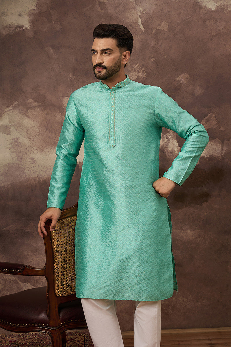 Turquoise Blue Silk Blend Solid Woven Design Straight Kurta MKU1323