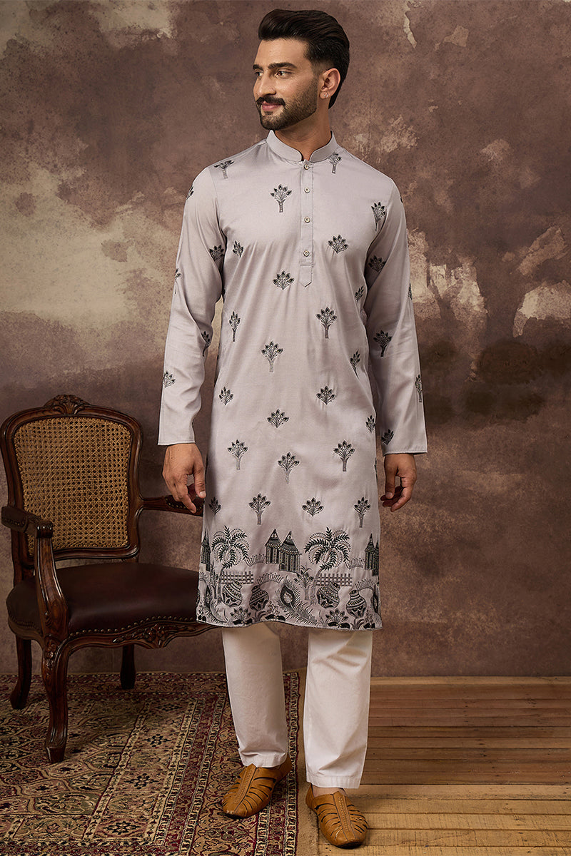 Grey Silk Blend Solid Embroidered Straight Kurta MKU1326