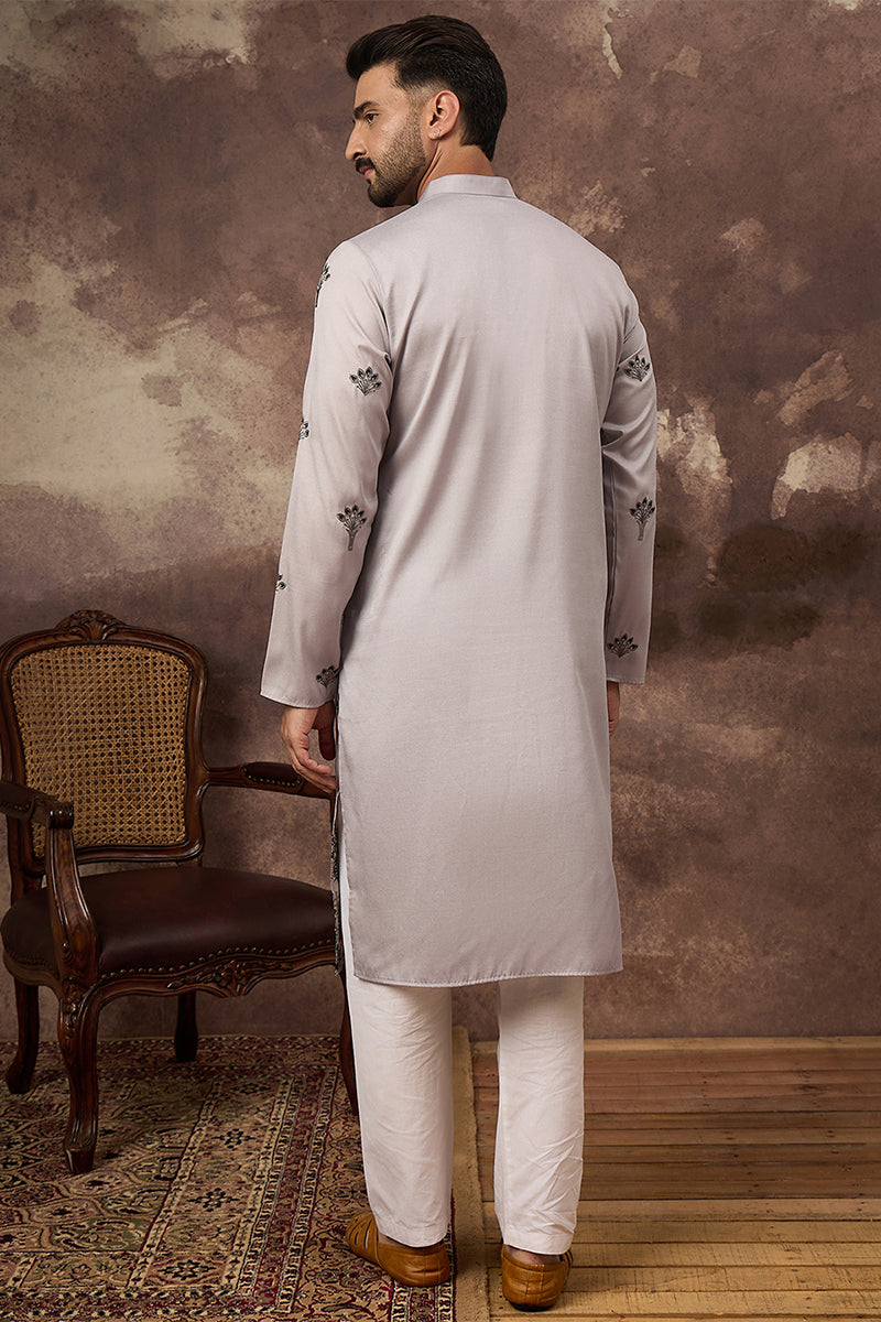 Grey Silk Blend Solid Embroidered Straight Kurta MKU1326