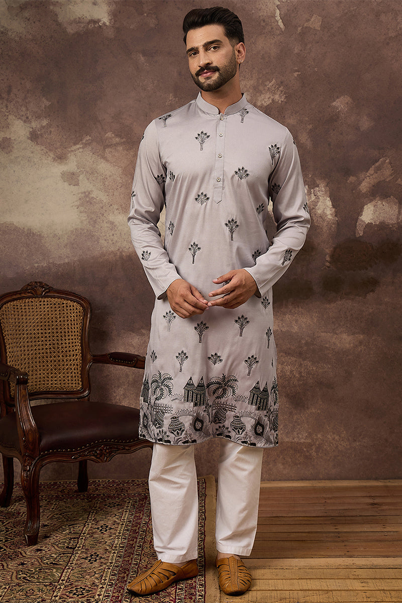 Grey Silk Blend Solid Embroidered Straight Kurta MKU1326