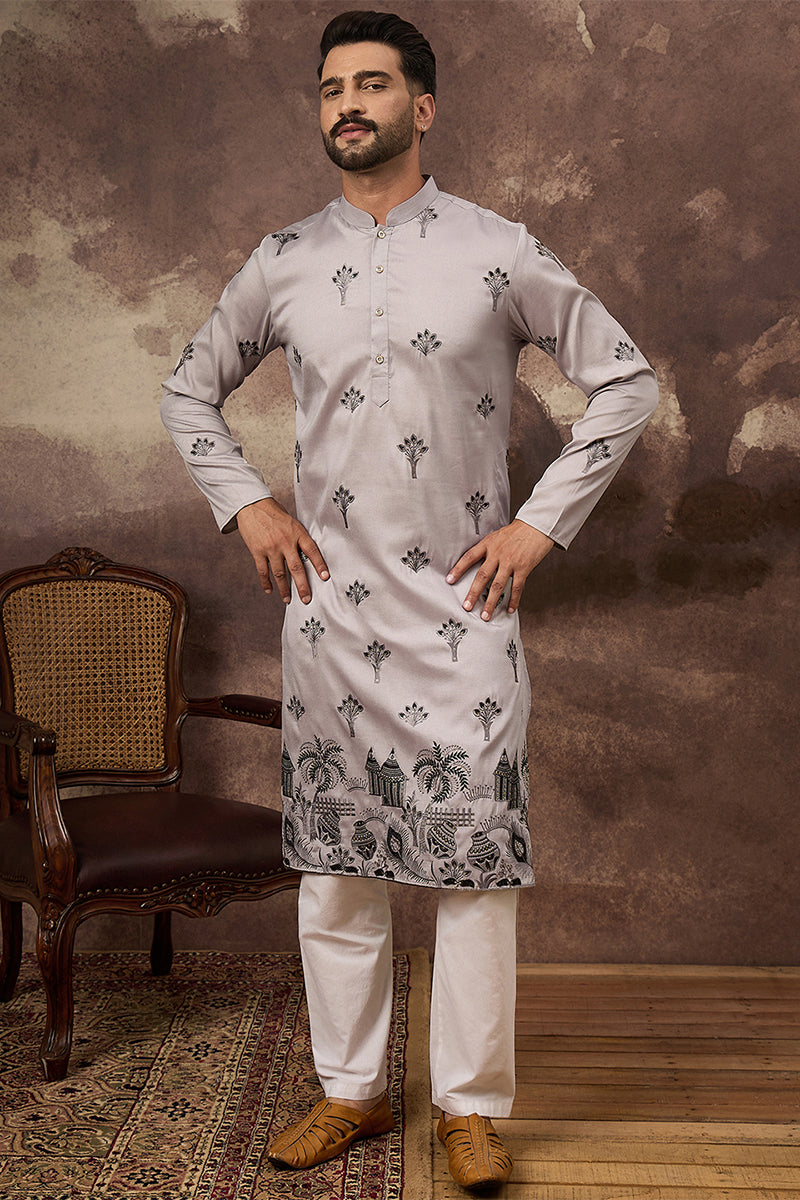 Grey Silk Blend Solid Embroidered Straight Kurta MKU1326