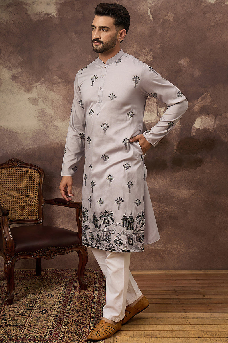 Grey Silk Blend Solid Embroidered Straight Kurta MKU1326