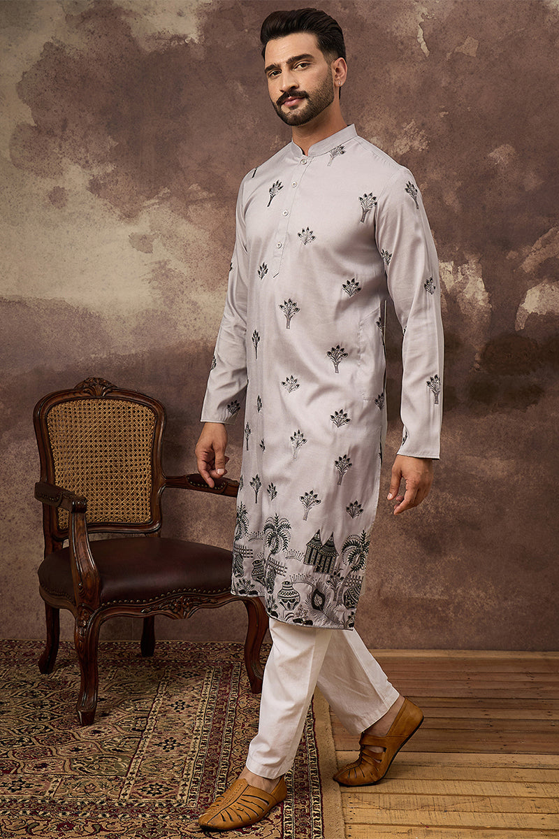 Grey Silk Blend Solid Embroidered Straight Kurta MKU1326