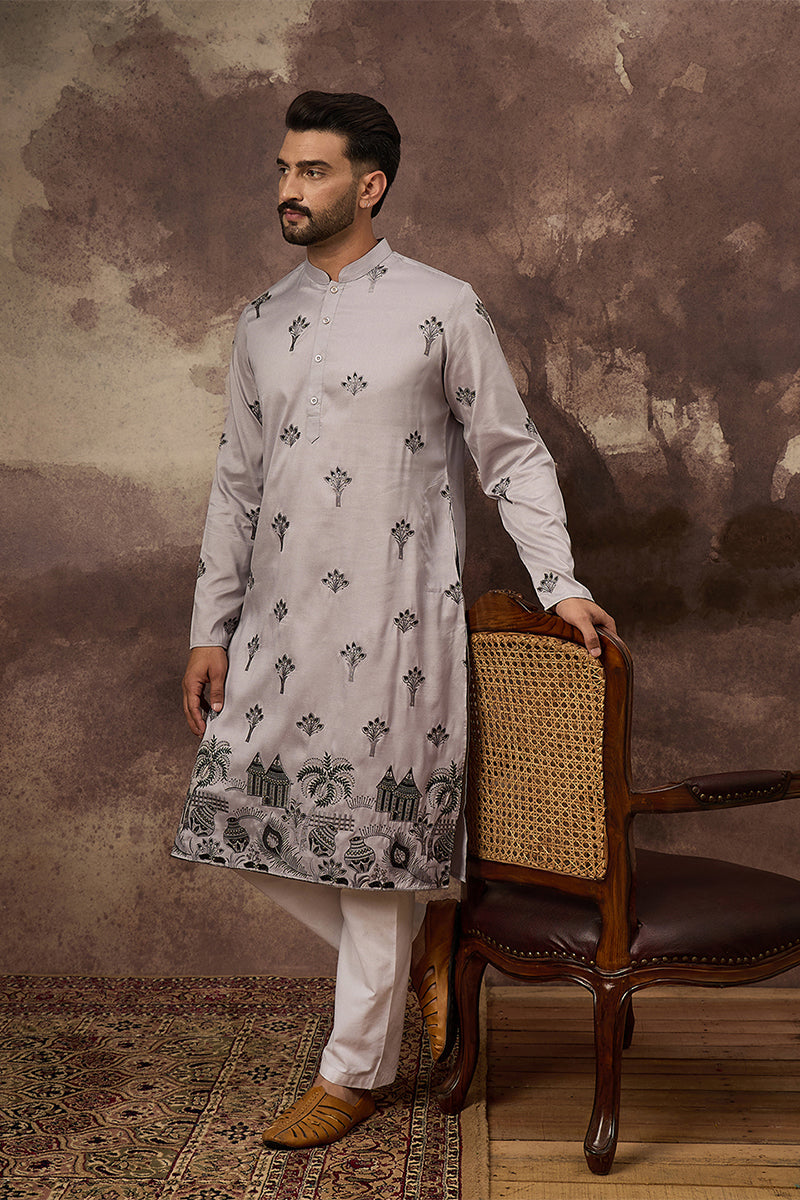 Grey Silk Blend Solid Embroidered Straight Kurta MKU1326