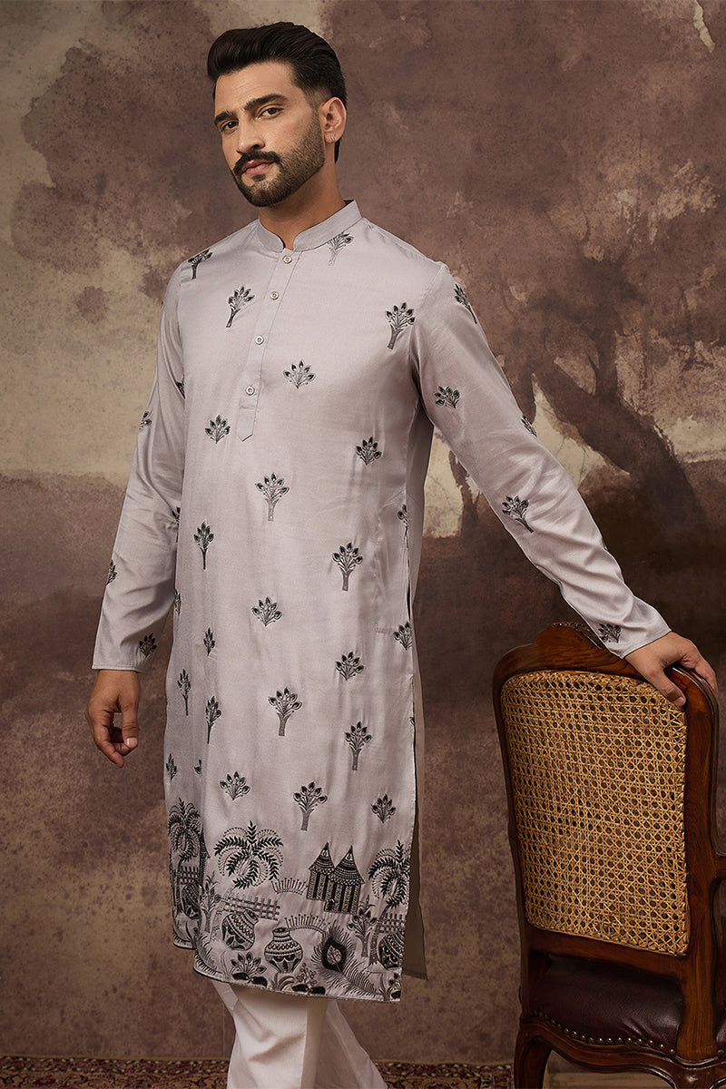 Grey Silk Blend Solid Embroidered Straight Kurta MKU1326