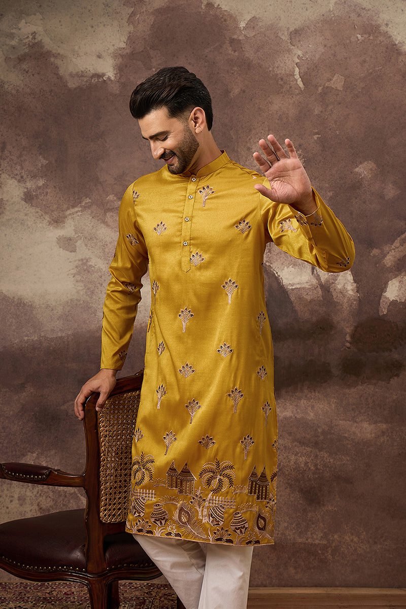 Yellow Silk Blend Solid Embroidered Straight Kurta MKU1328
