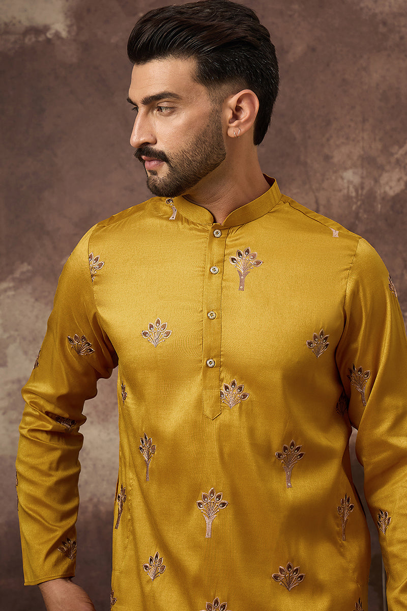 Yellow Silk Blend Solid Embroidered Straight Kurta MKU1328