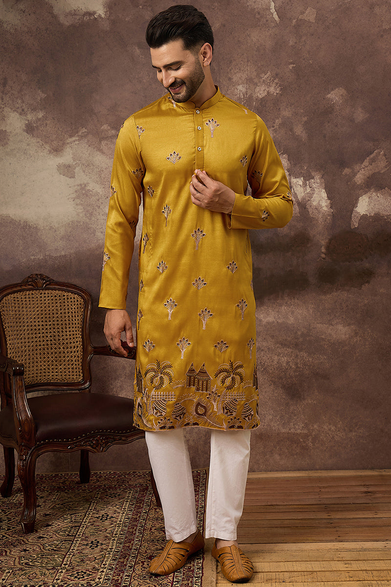 Yellow Silk Blend Solid Embroidered Straight Kurta MKU1328