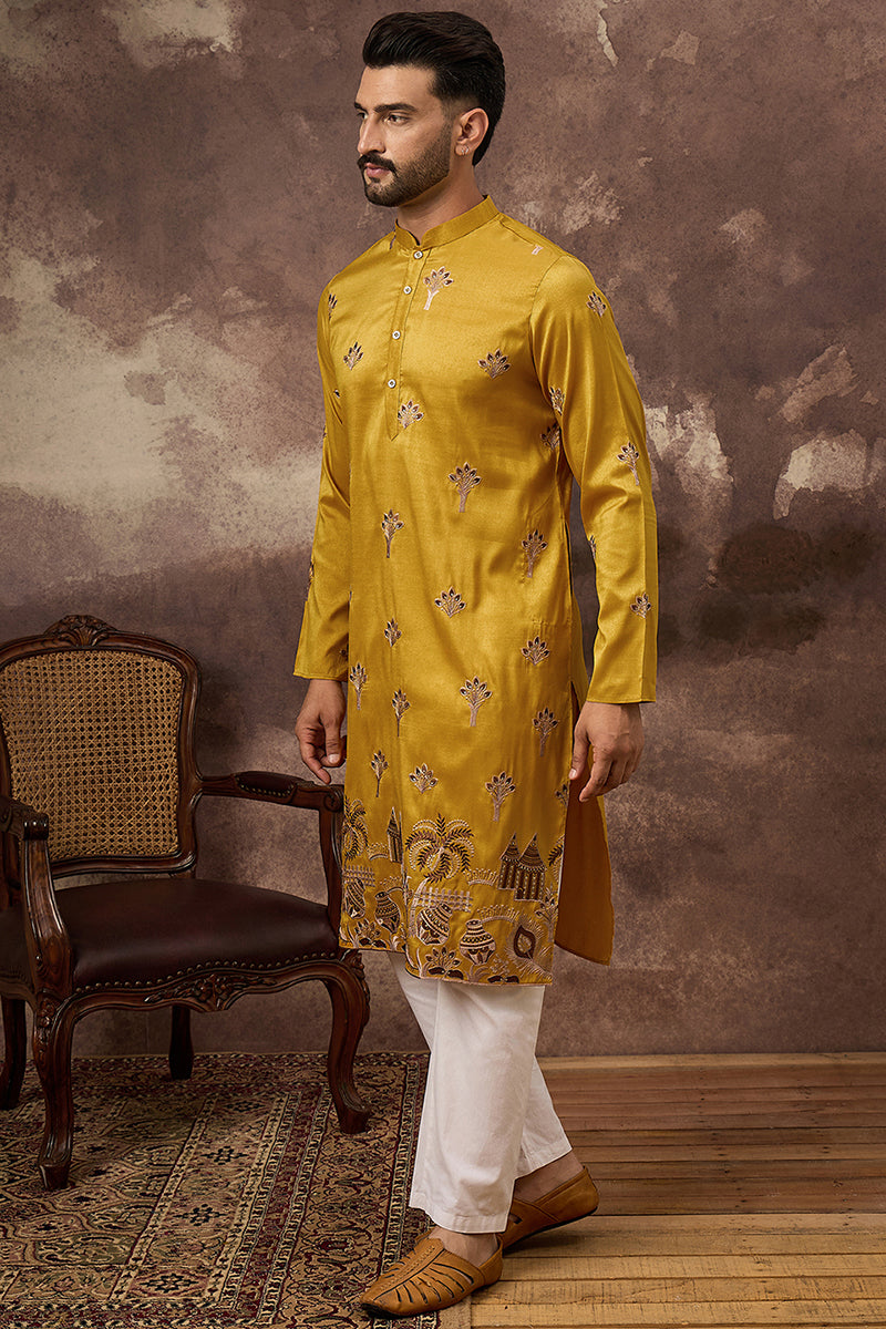 Yellow Silk Blend Solid Embroidered Straight Kurta MKU1328
