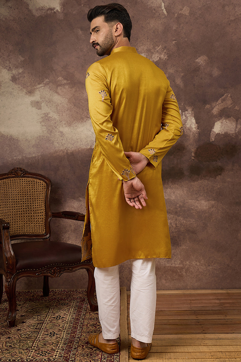 Yellow Silk Blend Solid Embroidered Straight Kurta MKU1328