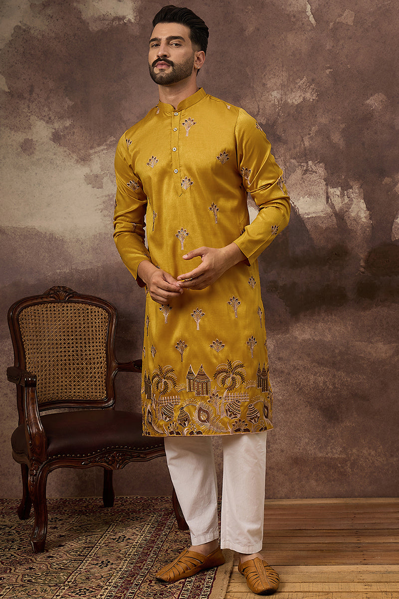 Yellow Silk Blend Solid Embroidered Straight Kurta MKU1328