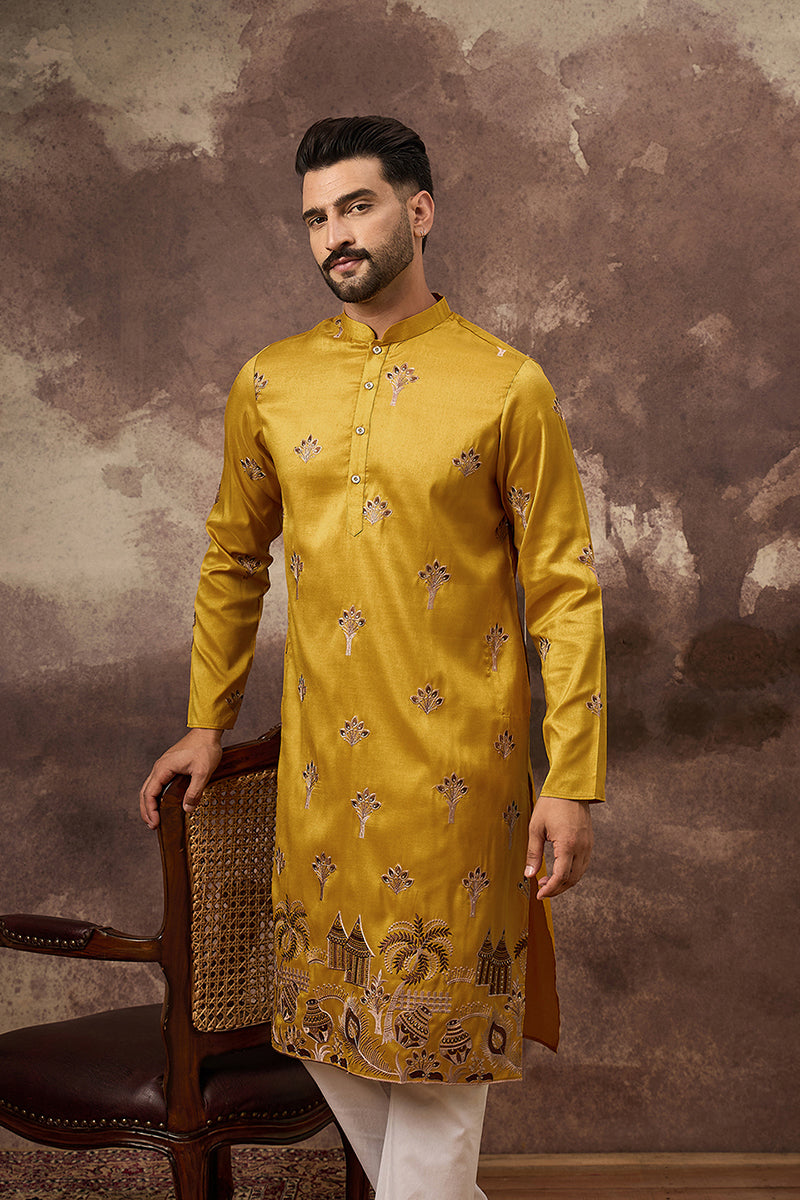 Yellow Silk Blend Solid Embroidered Straight Kurta MKU1328