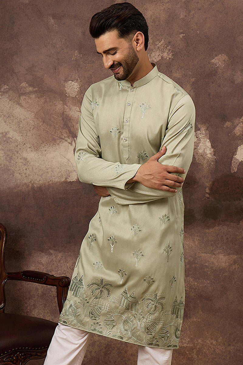 Green Silk Blend Solid Embroidered Straight Kurta MKU1330